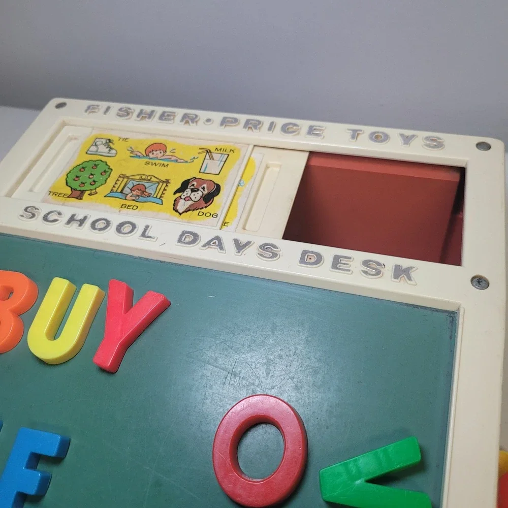 Vintage Fisher Price School Days Desk‎ Chalk Magnetic Letters Stencils 1972